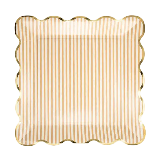 Brown and White Stripe Scalloped Square Large Dinner Plates