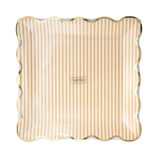 Brown and White Stripe Scalloped Square Large Dinner Plates