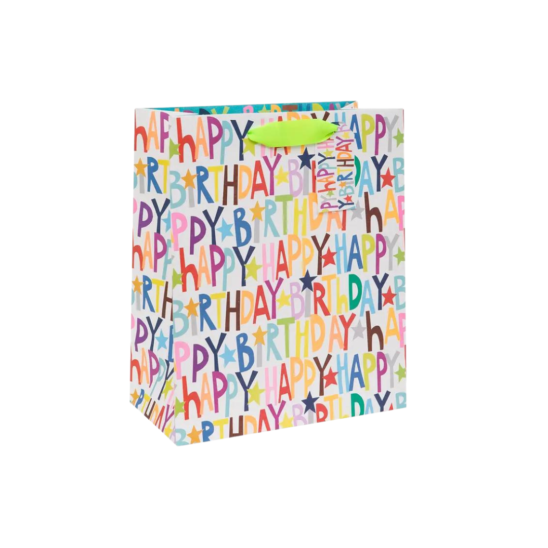 Multicolor gift bag with happy birthday print for birthday celebrations from Parte Haus party supply store in Bethesda MD