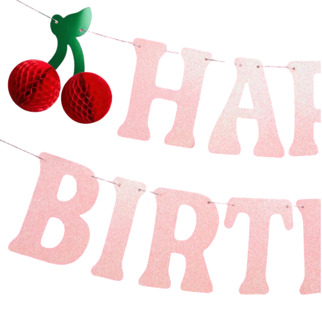 Pink Glitter "Happy Birthday" with Cherry Birthday Banner