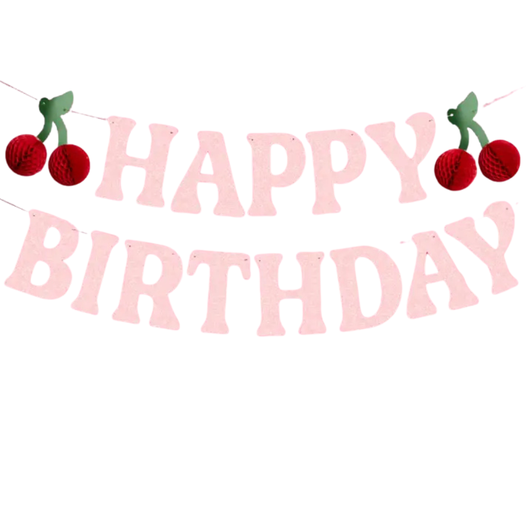 Pink Glitter "Happy Birthday" with Cherry Birthday Banner