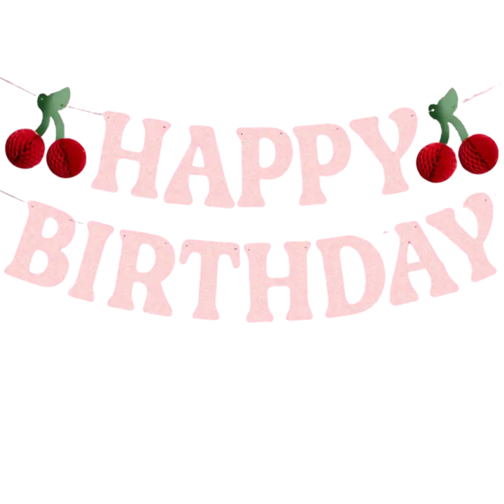 Pink Glitter "Happy Birthday" with Cherry Birthday Banner