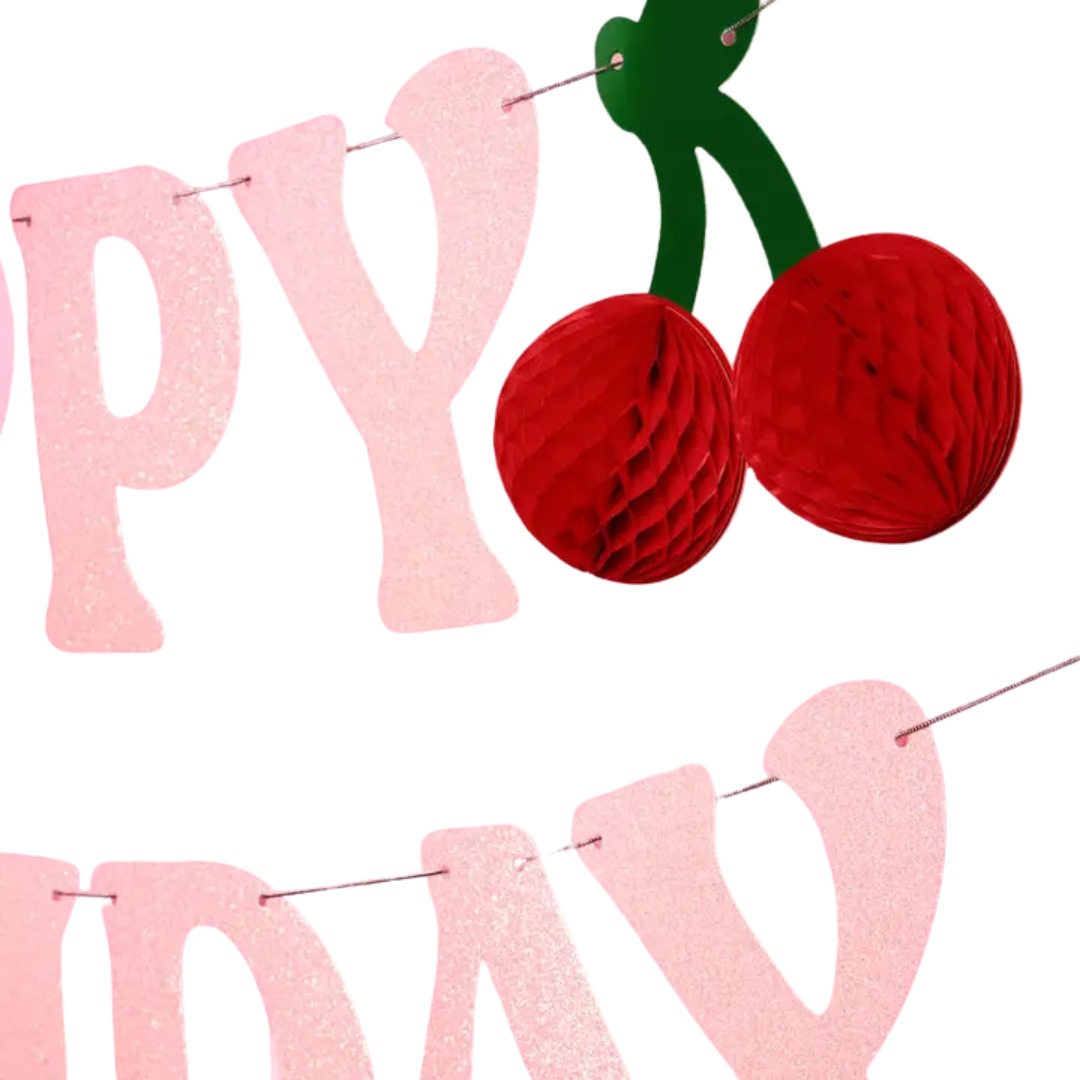 Pink Glitter "Happy Birthday" with Cherry Birthday Banner