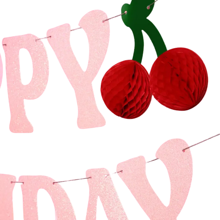 Pink Glitter "Happy Birthday" with Cherry Birthday Banner