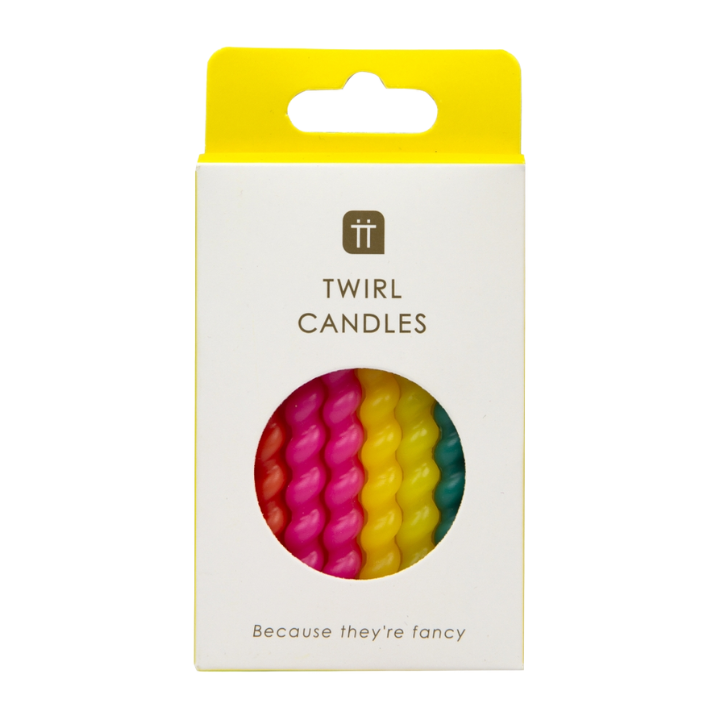 Multicolor twirl candles in window box birthday celebration from Parte Haus party supply store in Bethesda MD.