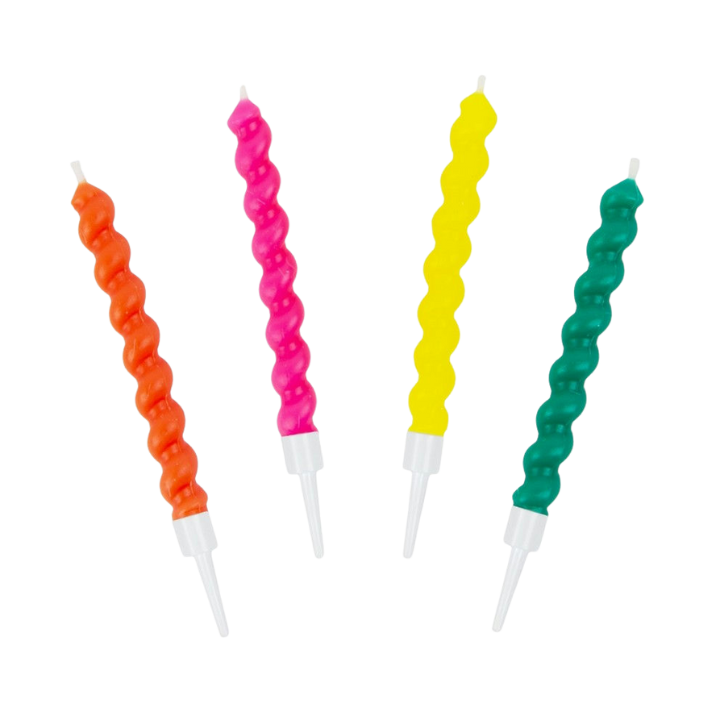 orange pink yellow green twisted birthday candles for celebrations from Parte Haus party supply store in Bethesda MD