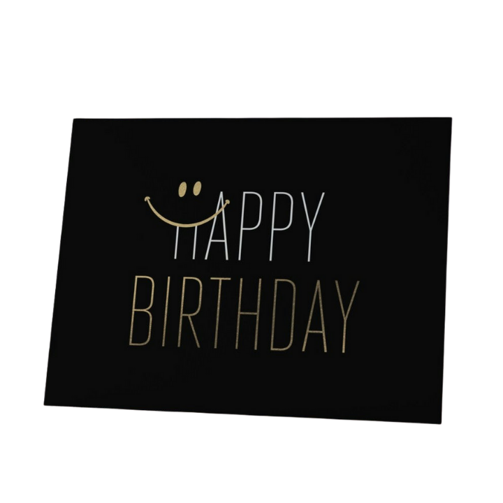 Black and gold birthday card with smiley face design for birthday from Parte Haus party supply store in Bethesda MD.
