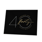 Black and gold birthday card with forty and happy birthday text for 40th birthday from Parte Haus party supply store in Bethesda MD.