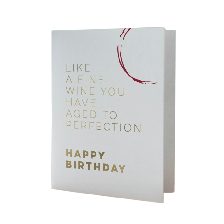 white birthday card with gold lettering and wine stain print for birthday from Parte Haus party supply store in Bethesda MD