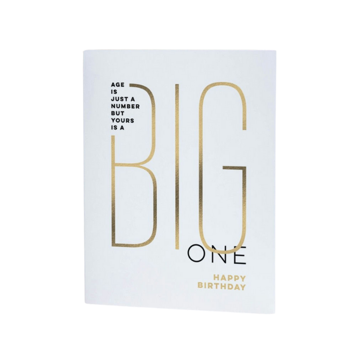 White and gold birthday card with bold text for milestone birthday from Parte Haus party supply store in Bethesda MD