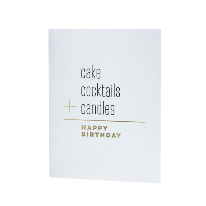 white happy birthday card with gold and black text for birthday occasion from Parte Haus party supply store in Bethesda MD
