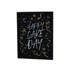 Black and gold happy cake day greeting card with confetti for birthday from Parte Haus party supply store in Bethesda MD