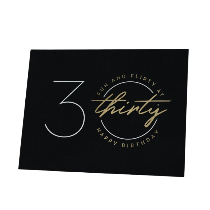 Black and gold 30th birthday napkin with fun flirty script from Parte Haus party supply store in Bethesda MD