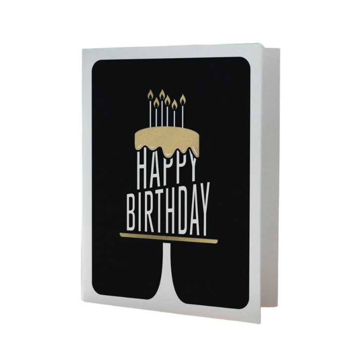 Black gold birthday card with cake and candles modern design for birthday from Parte Haus party supply store in Bethesda MD.