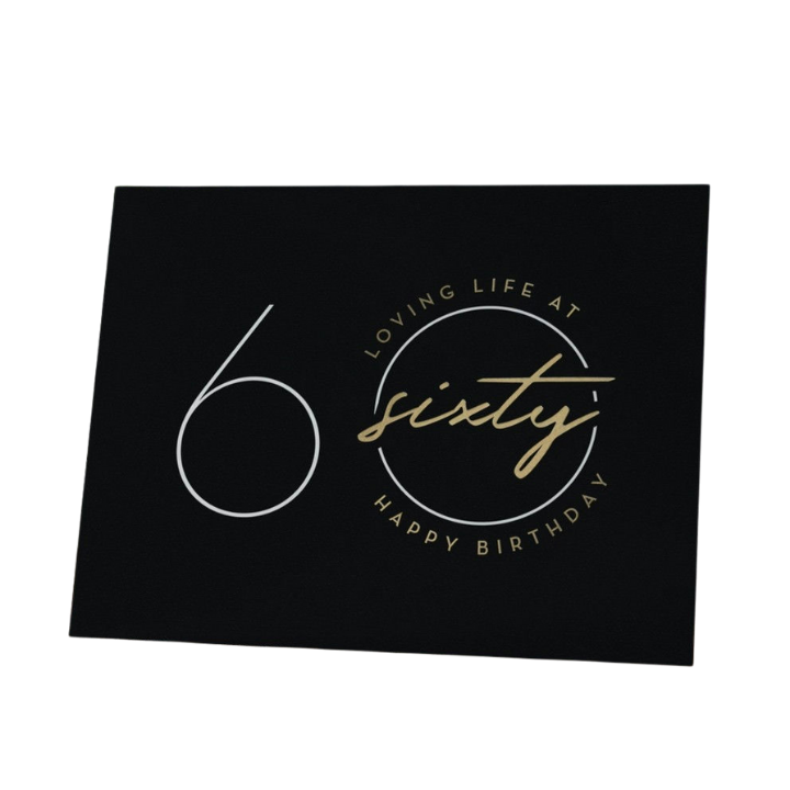 Black and gold birthday card with sixty design milestone theme from Parte Haus party supply store in Bethesda MD