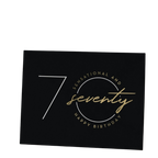 Black gold birthday card with seventy and modern design for 70th birthday from Parte Haus party supply store in Bethesda MD