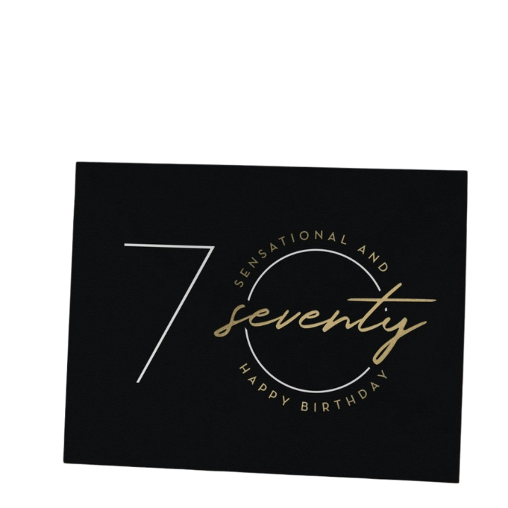 Black gold birthday card with seventy and modern design for 70th birthday from Parte Haus party supply store in Bethesda MD