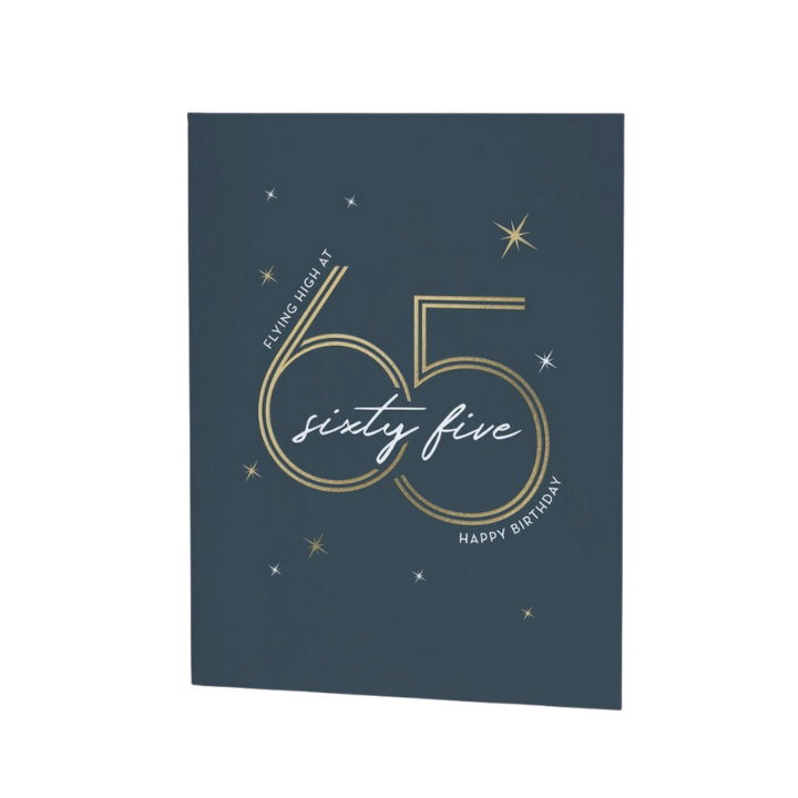 navy blue birthday card with gold sixty five design for 65th birthday from Parte Haus party supply store in Bethesda Maryland