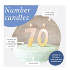 Gold rose gold number candle 70 on frosted cake birthday decor from Parte Haus party supply store in Bethesda Maryland