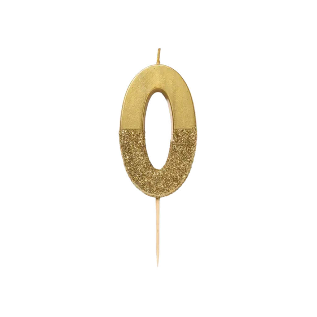 Gold number zero birthday candle with glitter for birthday from Parte Haus party supply store in Bethesda Maryland