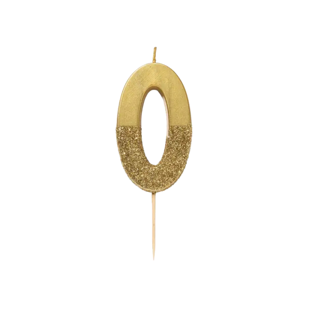 Gold number zero birthday candle with glitter for birthday from Parte Haus party supply store in Bethesda Maryland