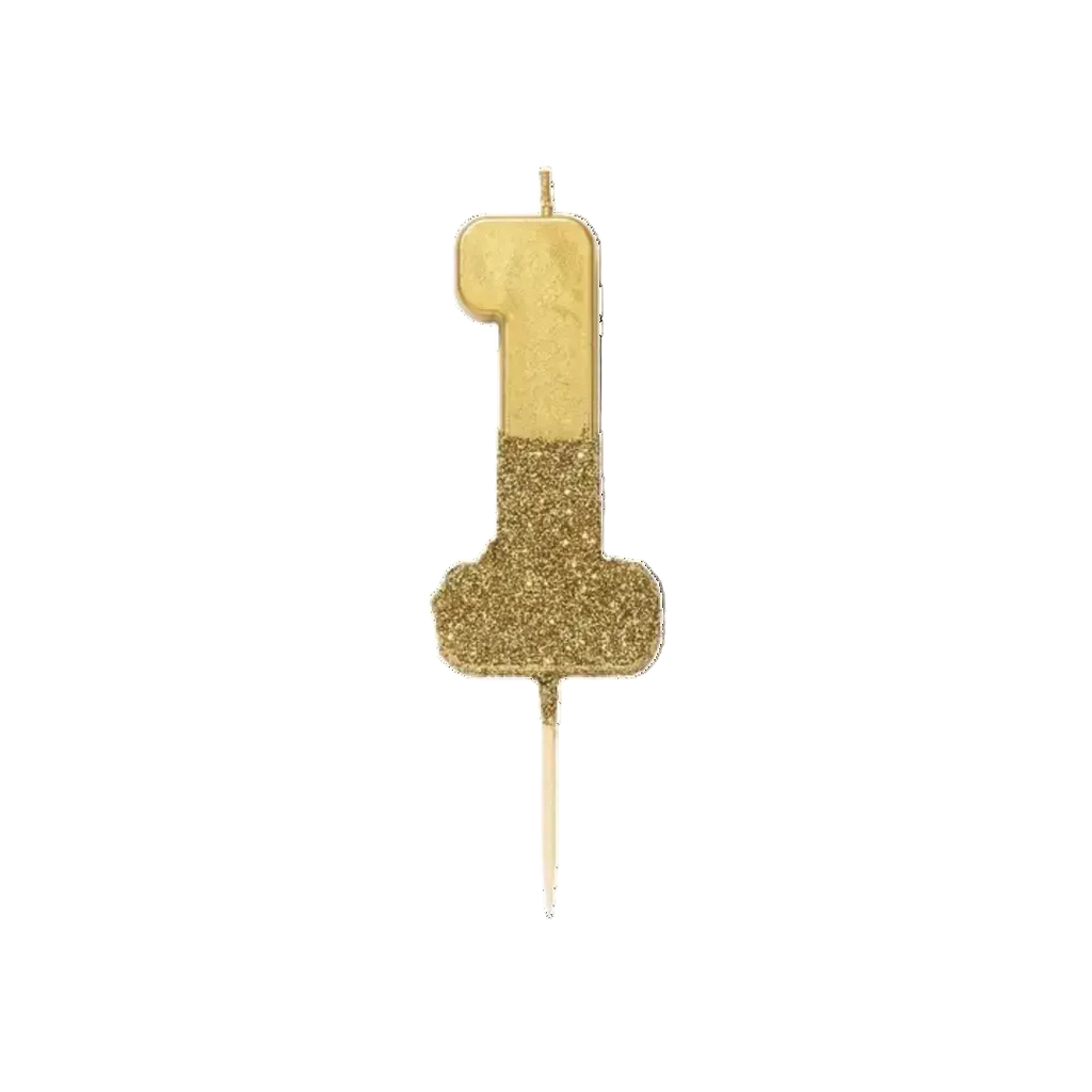 Gold number one birthday candle with glitter for first birthday from Parte Haus party supply store in Bethesda MD.