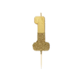 Gold number one birthday candle with glitter for first birthday from Parte Haus party supply store in Bethesda MD.
