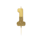 Gold number one birthday candle with glitter for first birthday from Parte Haus party supply store in Bethesda MD.