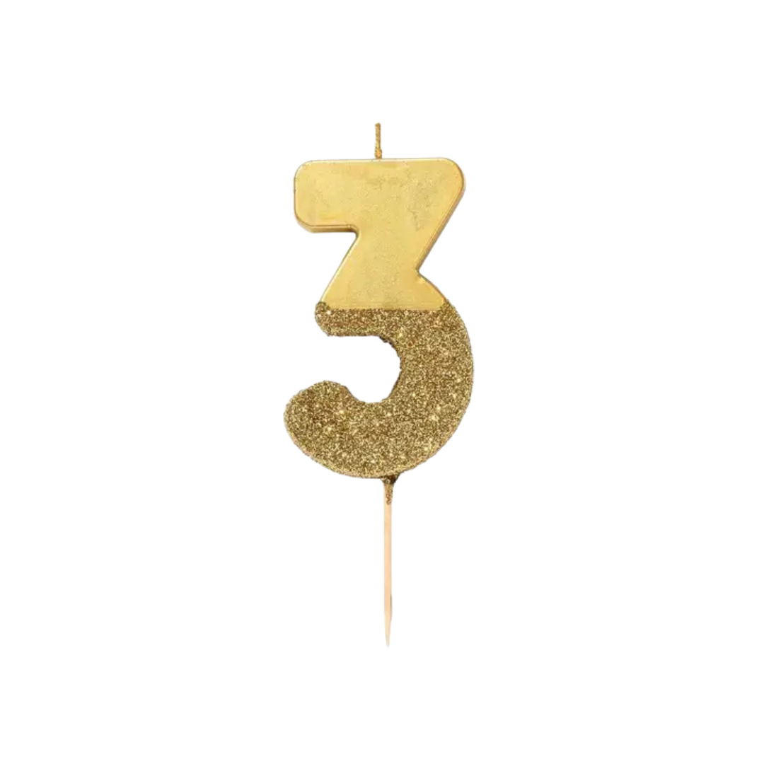 Gold number 3 birthday candle with glitter from Parte Haus party supply store in Bethesda MD