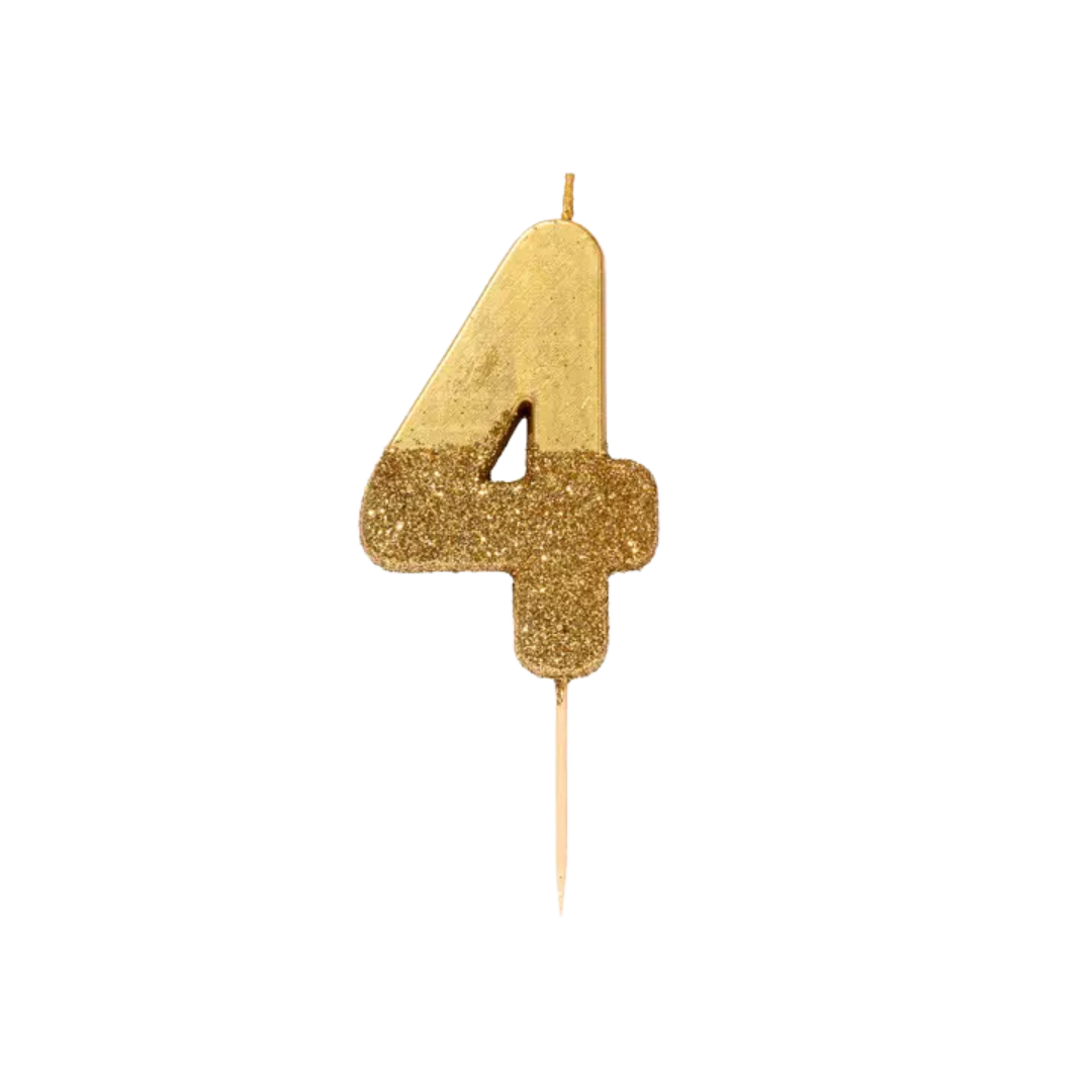 Gold number 4 birthday candle with glitter for birthday celebration from Parte Haus party supply store in Bethesda MD