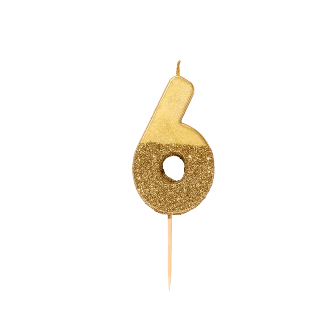 Gold number six glitter birthday candle for celebration from Parte Haus party supply store in Bethesda Maryland
