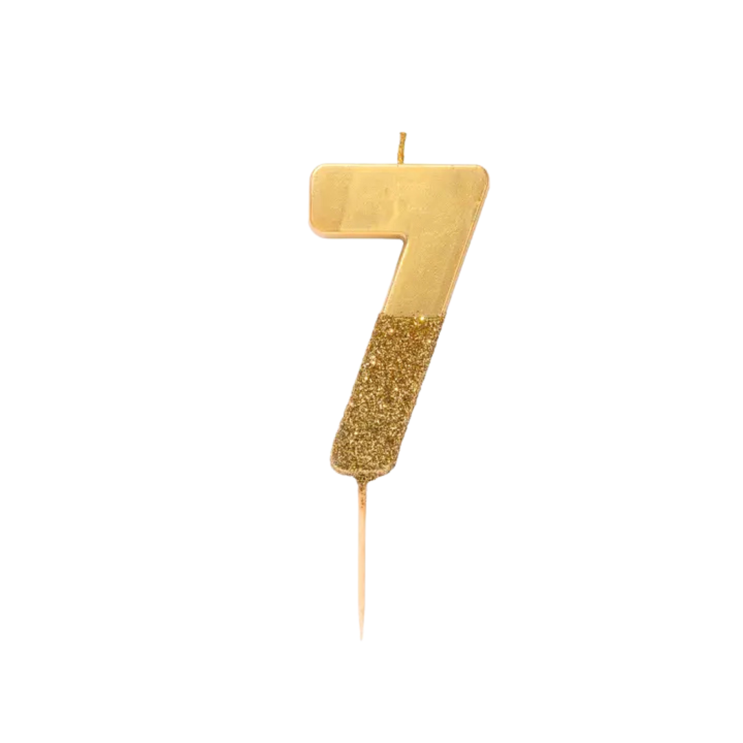 Gold number seven candle with glitter birthday decor from Parte Haus party supply store in Bethesda Maryland