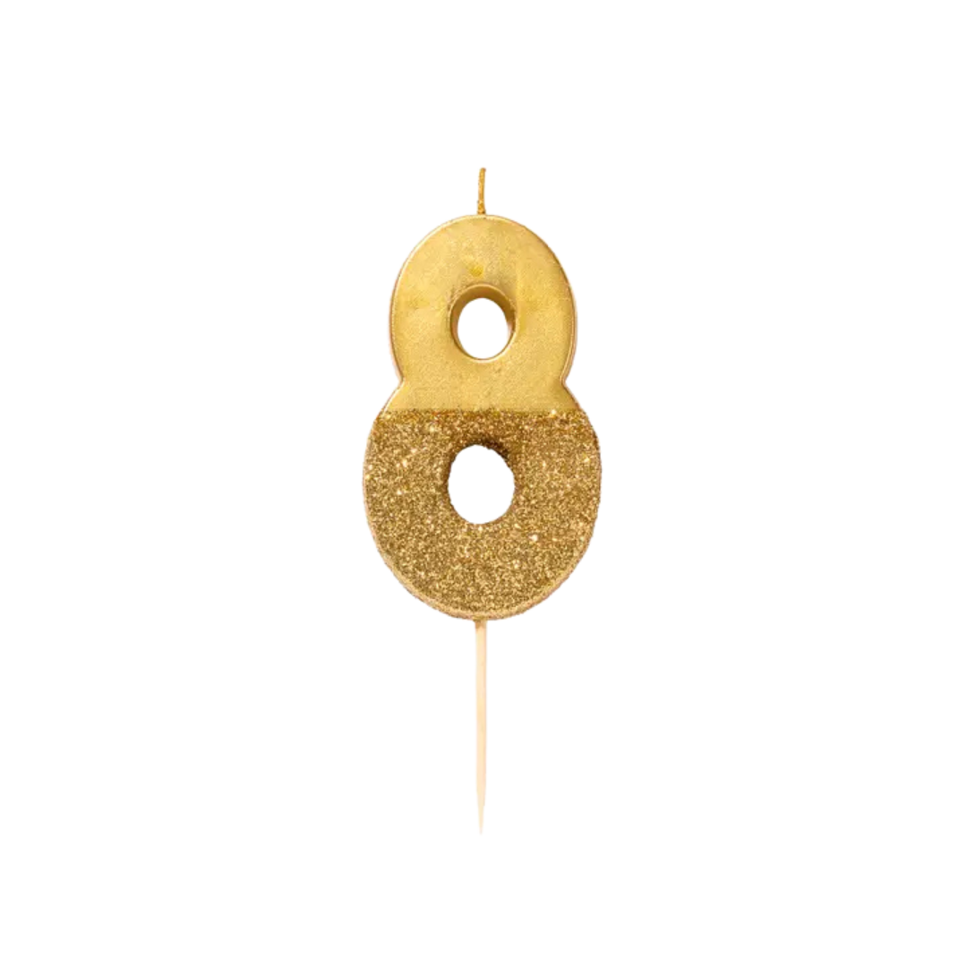 Gold number eight candle with glitter for birthday from Parte Haus party supply store in Bethesda Maryland