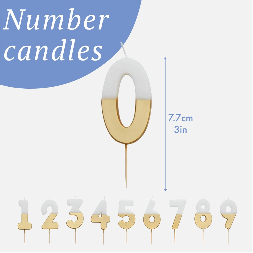 White & Gold Glitter 0-9 Number Candles Set