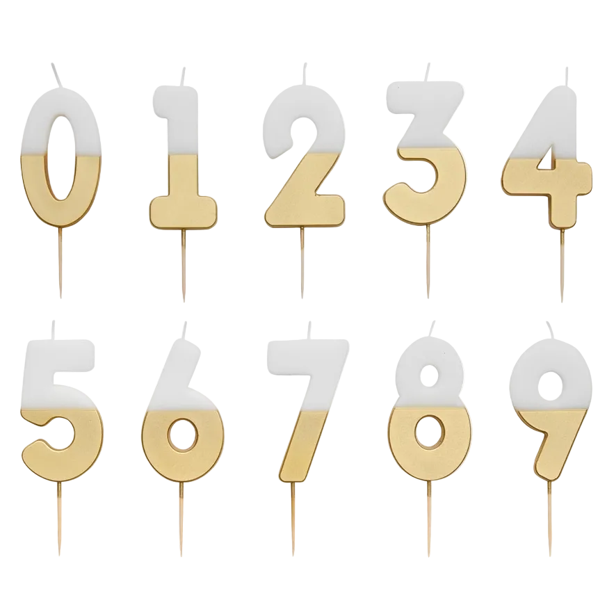 White & Gold Glitter 0-9 Number Candles Set