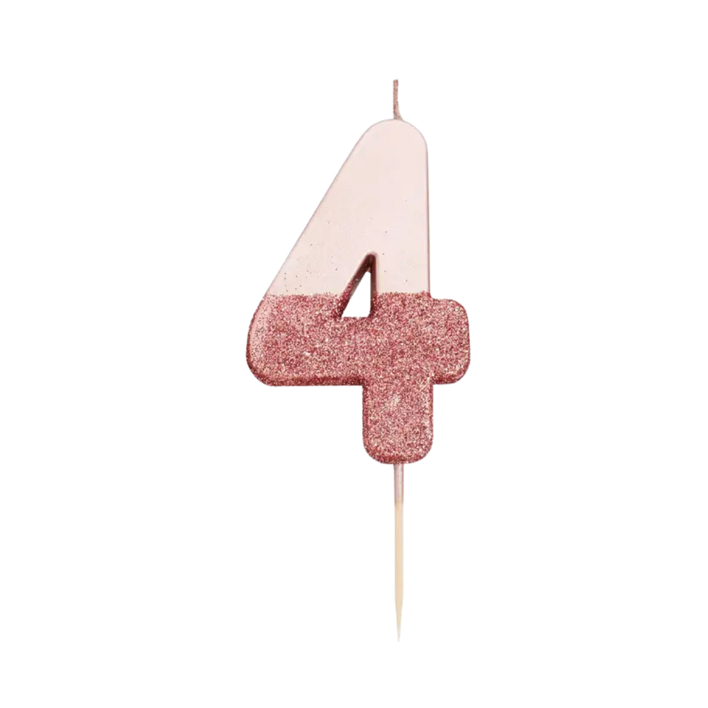 Rose gold number 4 birthday candle with glitter from Parte Haus party supply store in Bethesda MD