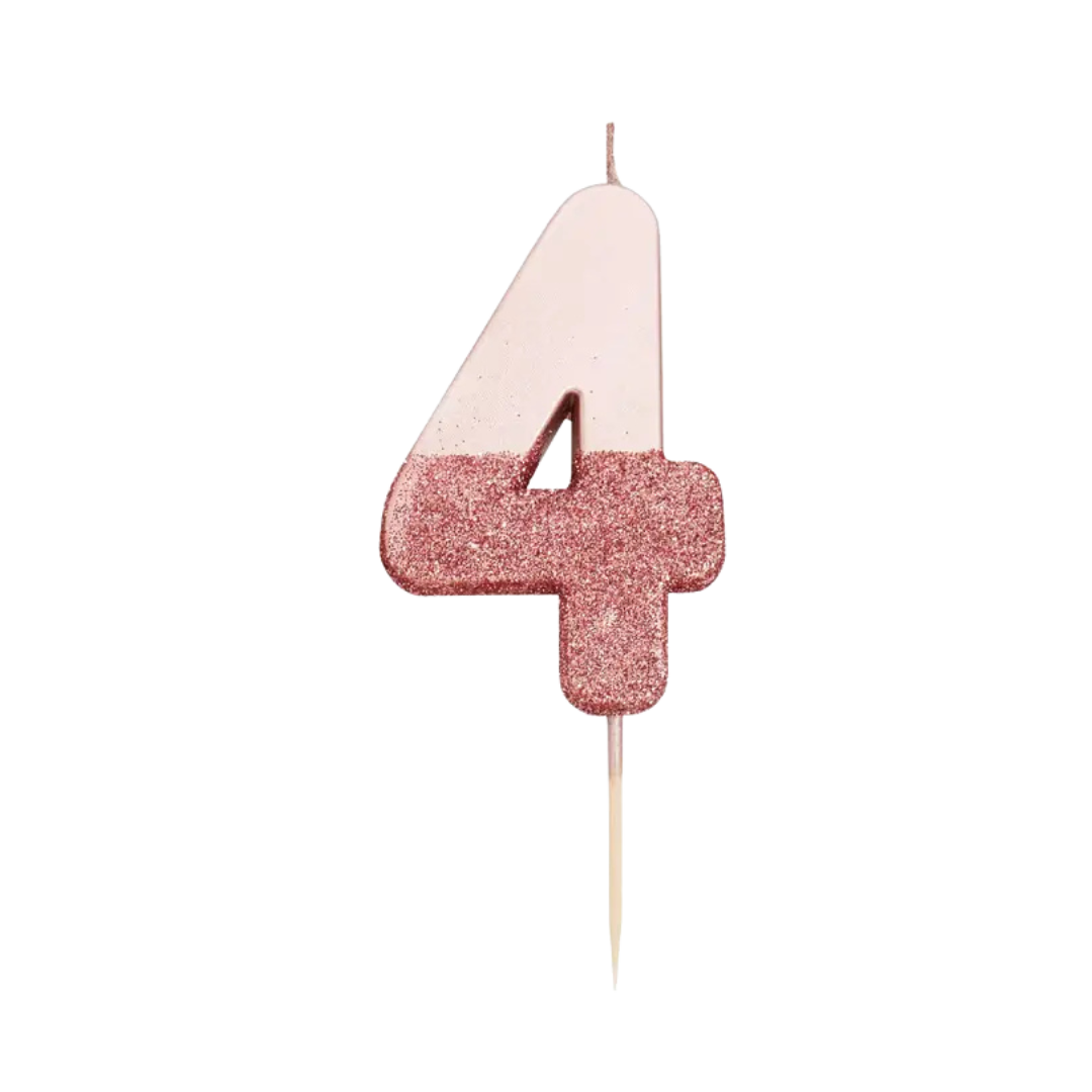 Rose gold number 4 birthday candle with glitter from Parte Haus party supply store in Bethesda MD