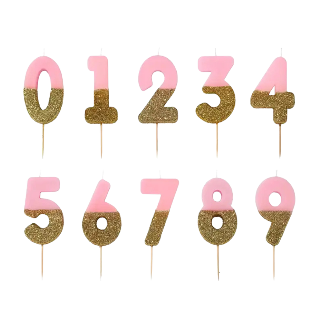 Pink & Gold Glitter 0-9 Number Candles