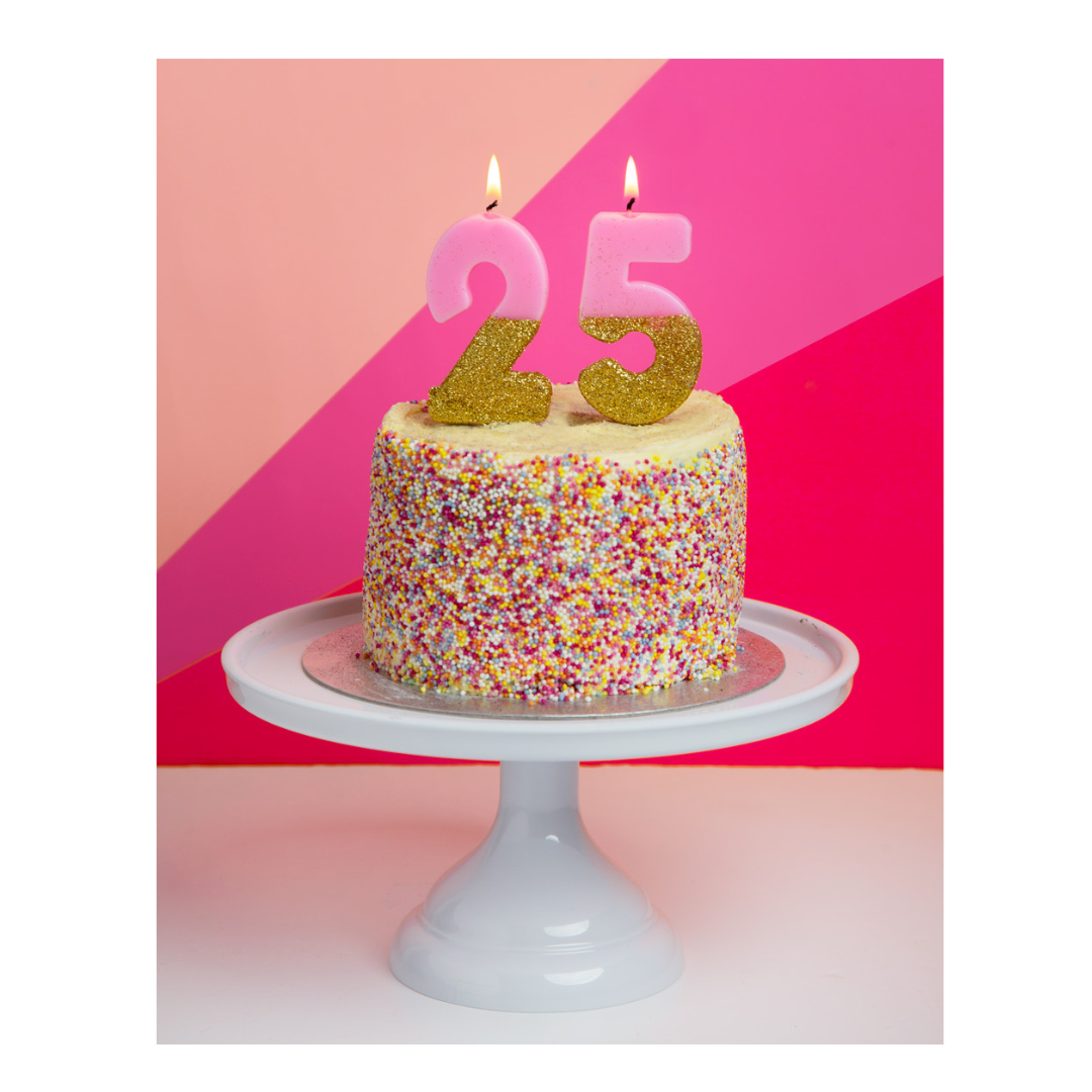 Pink and gold birthday candles on a sprinkle cake birthday decoration from Parte Haus party supply store in Bethesda Maryland