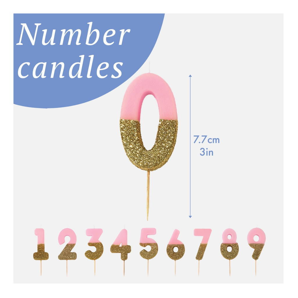 Pink and gold glitter number candles birthday decor from Parte Haus party supply store in Bethesda MD