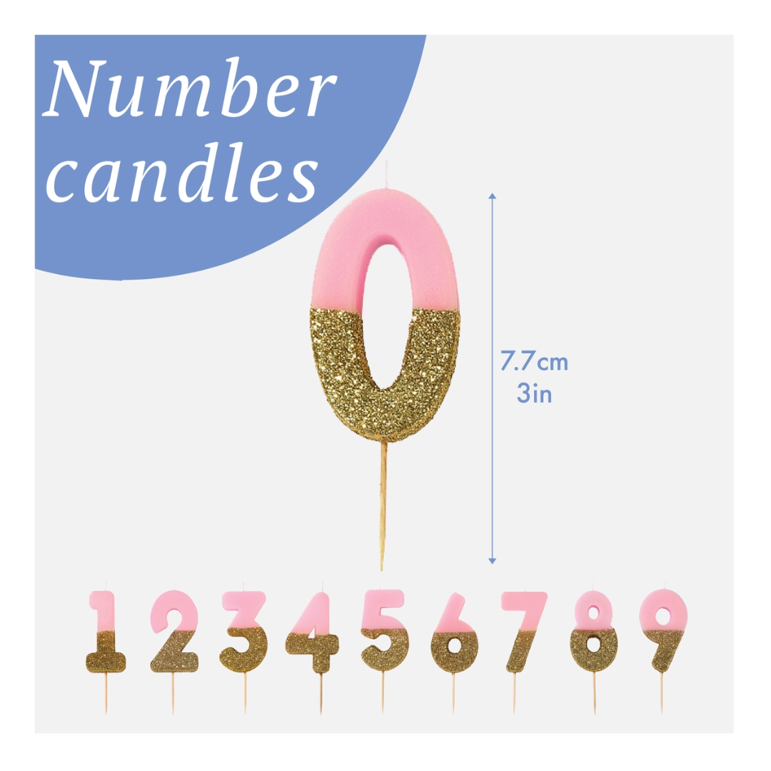 Pink and gold glitter number candles birthday decor from Parte Haus party supply store in Bethesda MD
