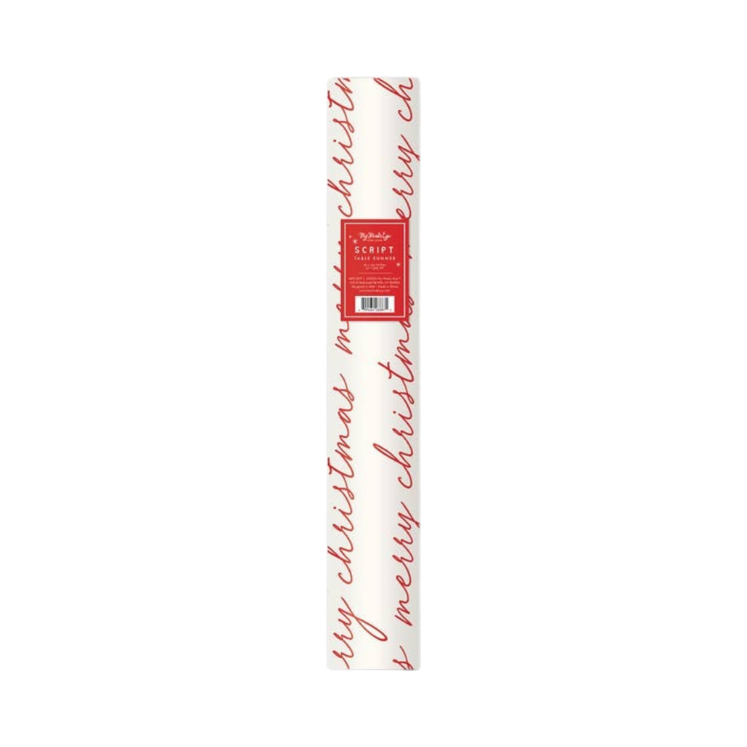 White and red Christmas script table runner festive holiday decor from Parte Haus party supply store in Bethesda Maryland