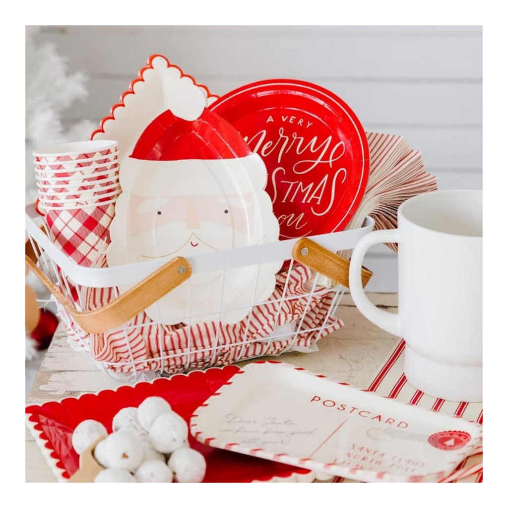 Red and white Santa plates and cups Christmas holiday tableware set from Parte Haus party supply store in Bethesda Maryland