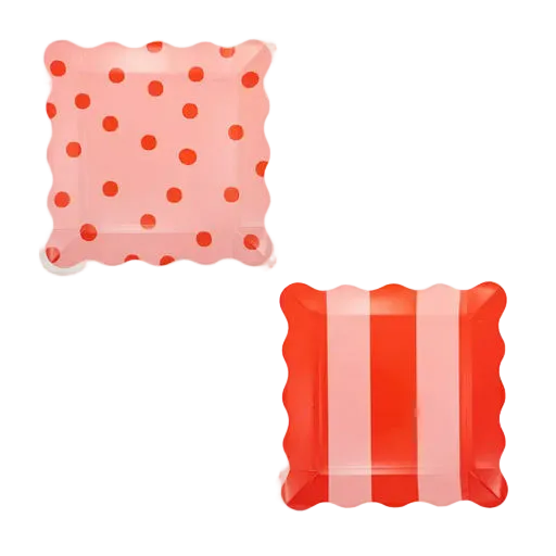 Pink and Red Stripe and Polka Dot Square Scalloped Large Dinner Plates