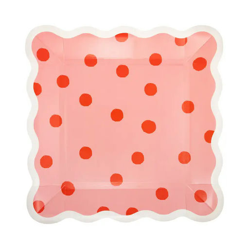 Pink and Red Stripe and Polka Dot Square Scalloped Large Dinner Plates