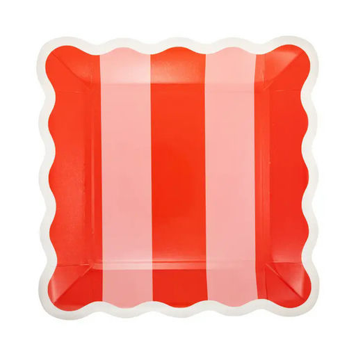 Pink and Red Stripe and Polka Dot Square Scalloped Large Dinner Plates