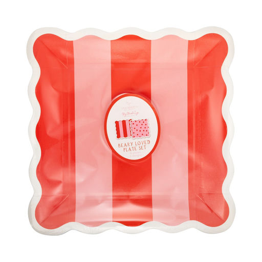 Pink and Red Stripe and Polka Dot Square Scalloped Large Dinner Plates