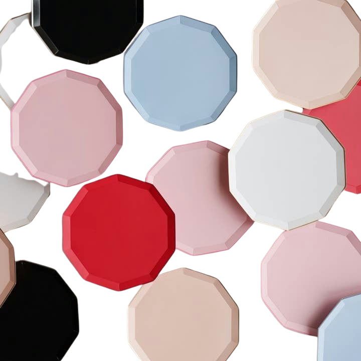 Pink red blue black and white octagon plates modern tabletop decor from Parte Haus party supply store in Bethesda Maryland.