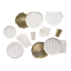 Gold and white disposable tableware set with stripes for celebration from Parte Haus party supply store in Bethesda, Maryland
