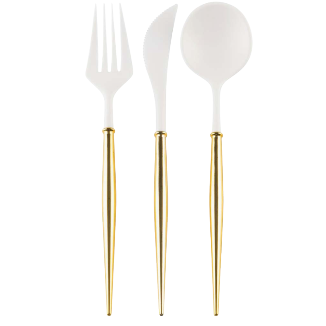 White and Gold Plastic Cutlery - 24 pcs